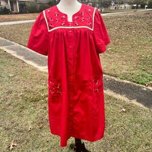 Vintage Go Softly Red Patio Dress Embroidered House Dress Size L